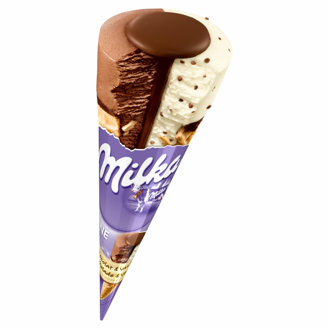 Zdjęcia - Milka Lody czekoladowe i lody waniliowe z czekoladą mleczną w rożku