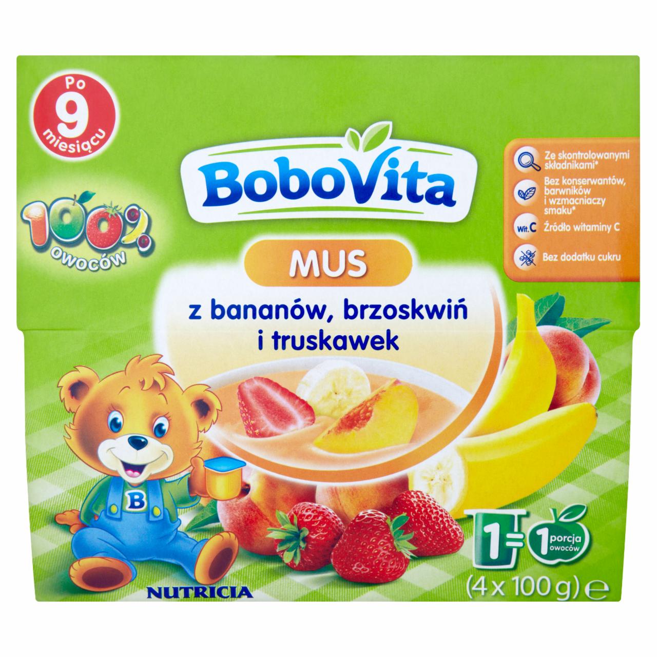 Zdjęcia - BoboVita Mus z bananów brzoskwiń i truskawek po 9 miesiącu 4 x 100 g