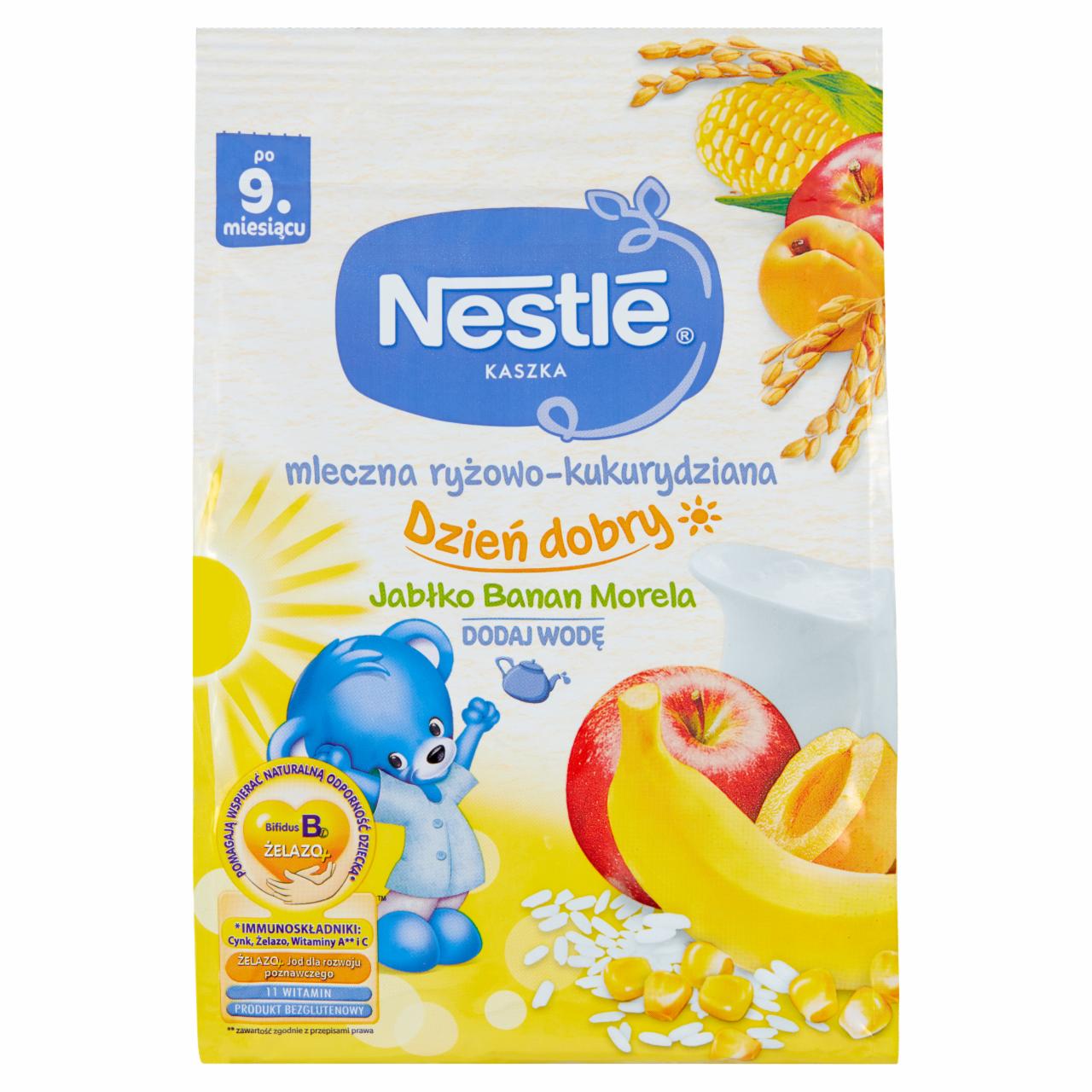 Zdjęcia - Nestlé Kaszka dzień dobry mleczna ryżowo-kukurydziana jabłko banan morela po 9. miesiącu 230 g