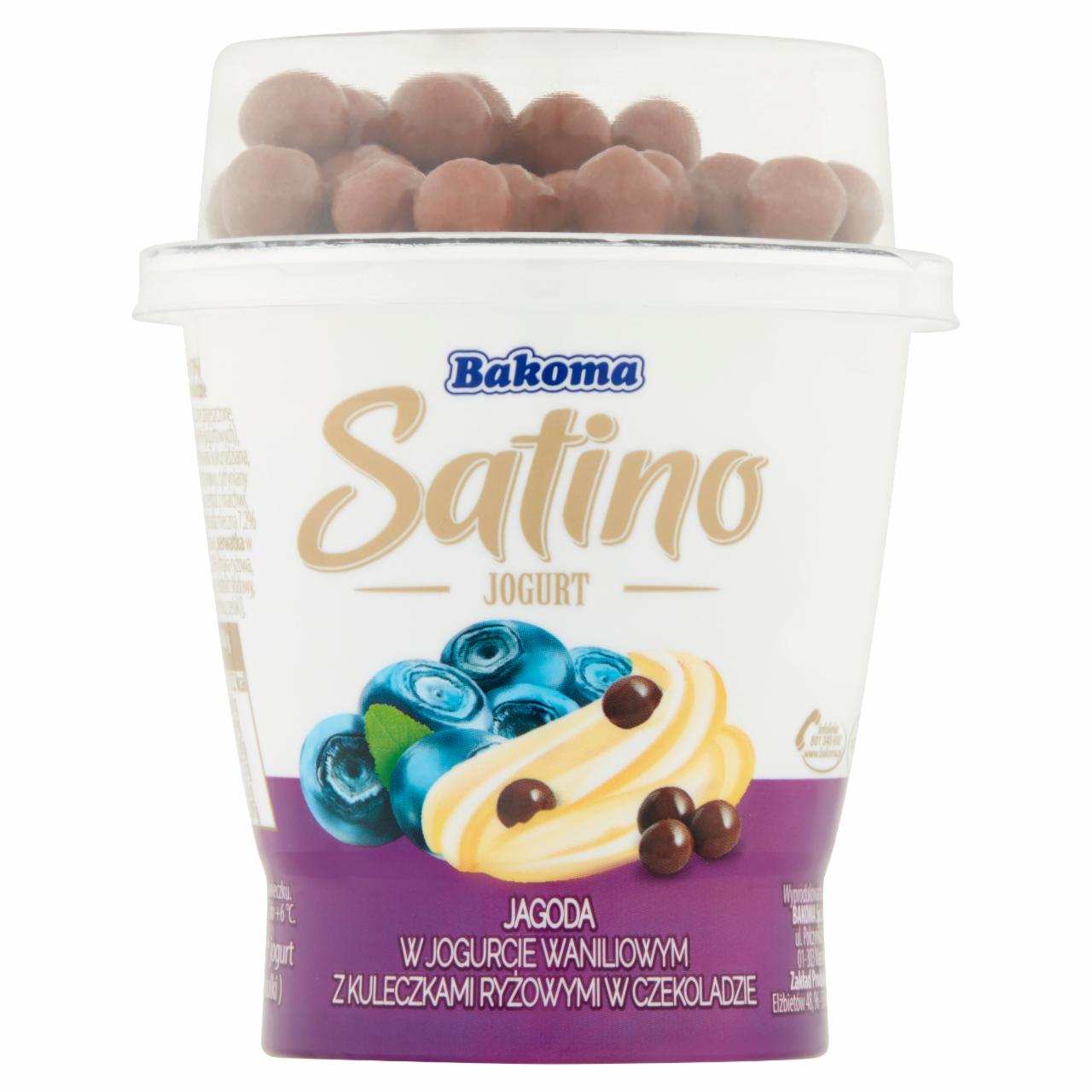 Zdjęcia - Bakoma Satino Jogurt kremowy waniliowy z jagodami oraz z kulkami ryżowymi w czekoladzie 155 g