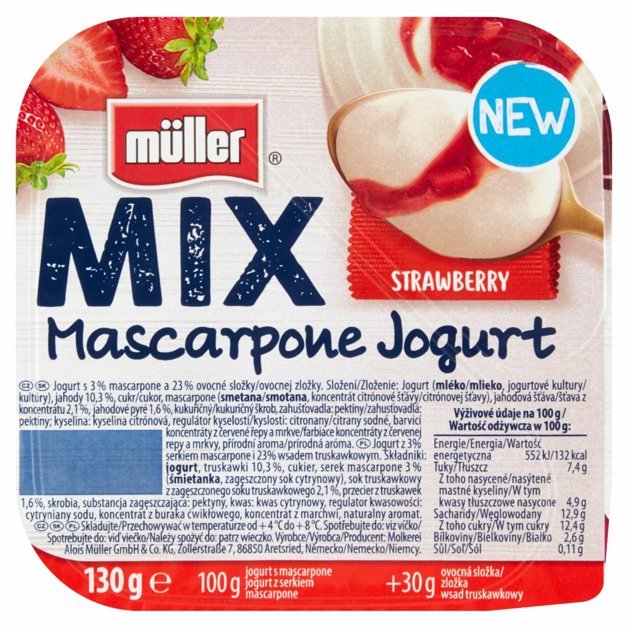 Zdjęcia - Müller Mix Jogurt z serkiem mascarpone i wsadem truskawkowym 130 g