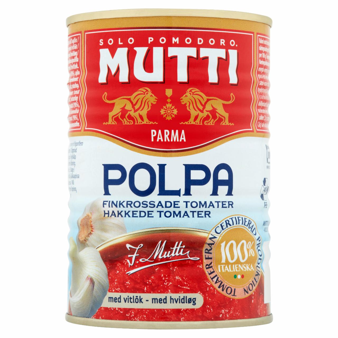 Zdjęcia - Mutti Pulpa Pomidory drobno krojone bez skórek z czosnkiem 400 g