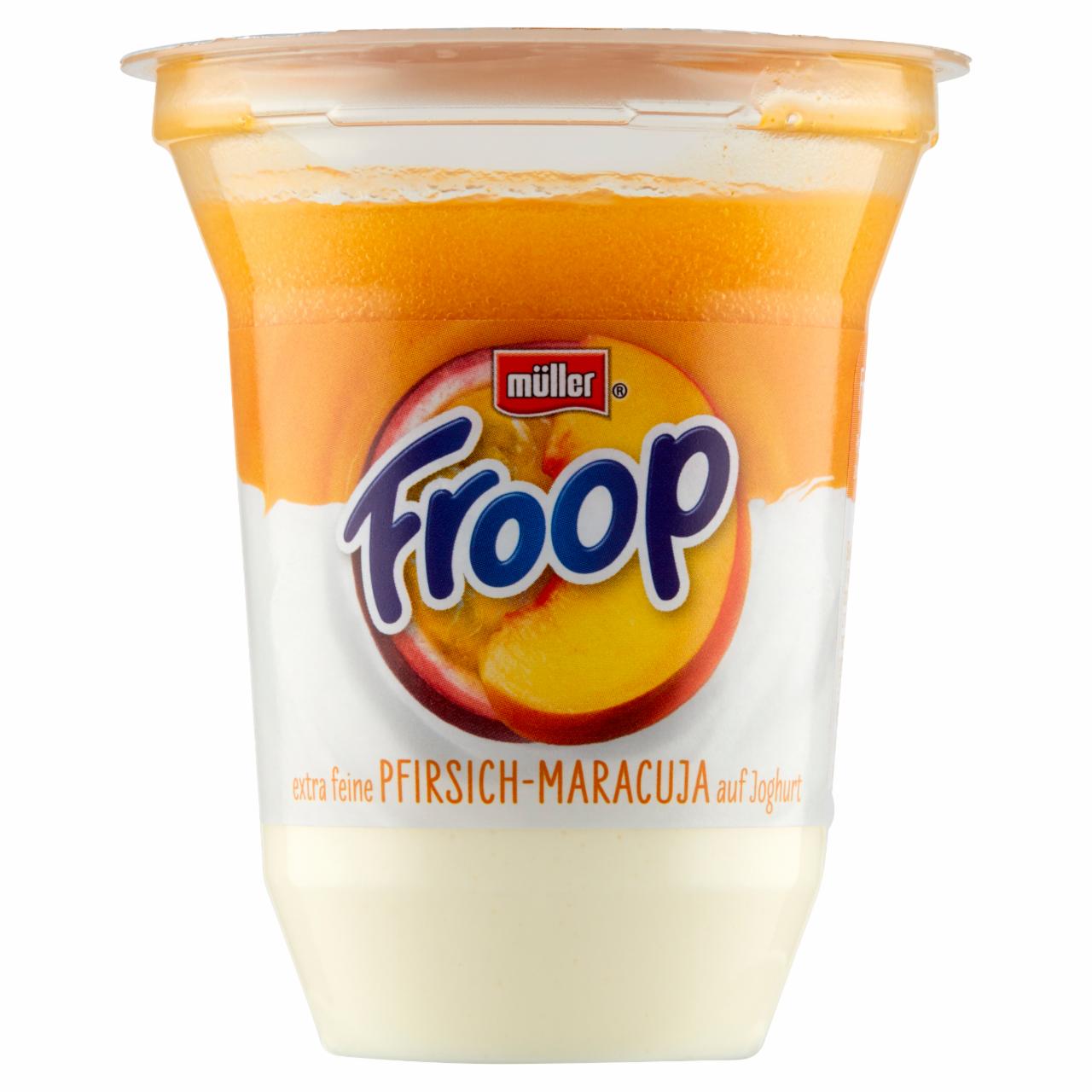 Zdjęcia - Müller Froop Produkt mleczny na bazie jogurtu z wsadem owocowym o smaku brzoskwini i marakui 150 g