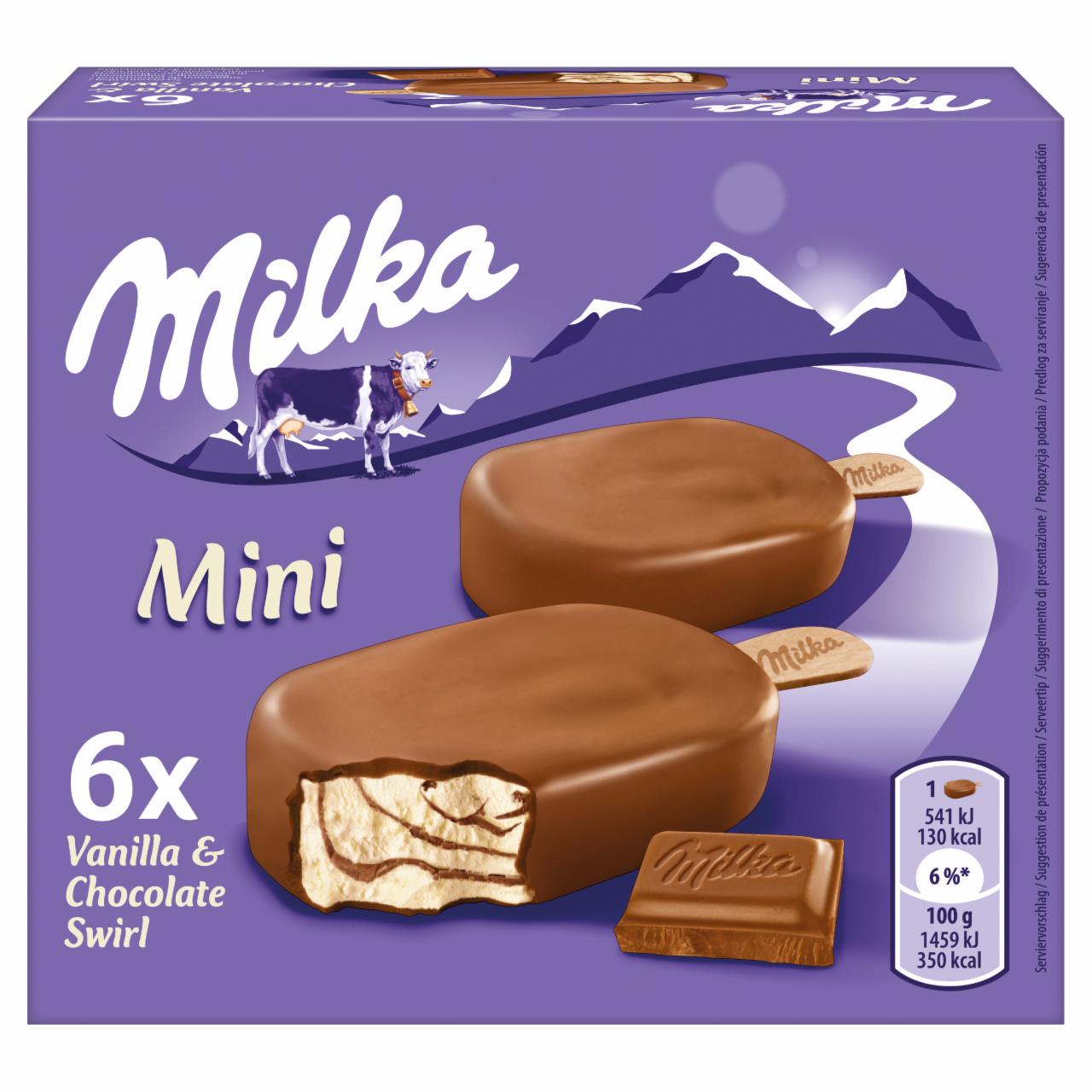 Zdjęcia - Milka Mini Lody waniliowe z kawałkami polewy z mleczną czekoladą 300 ml (6 sztuk)