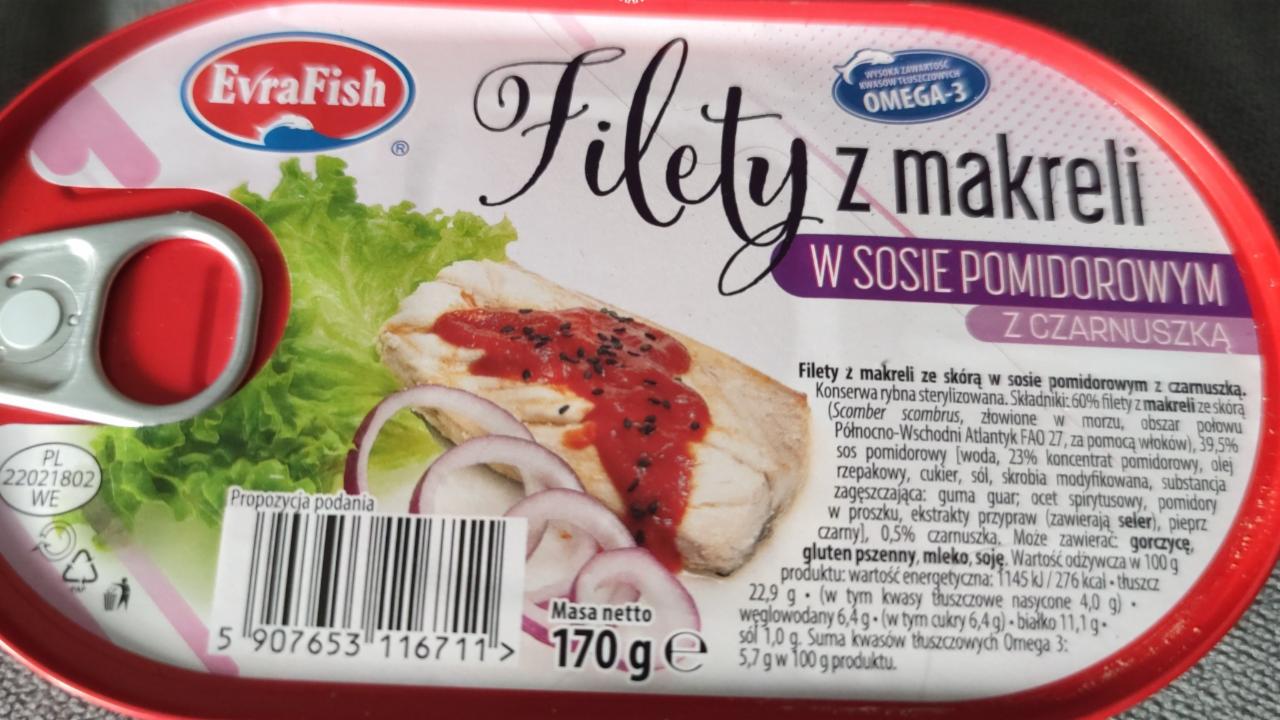 Zdjęcia - Evra Fish filety z makreli w sosie pomidorowym z czarnuszka 