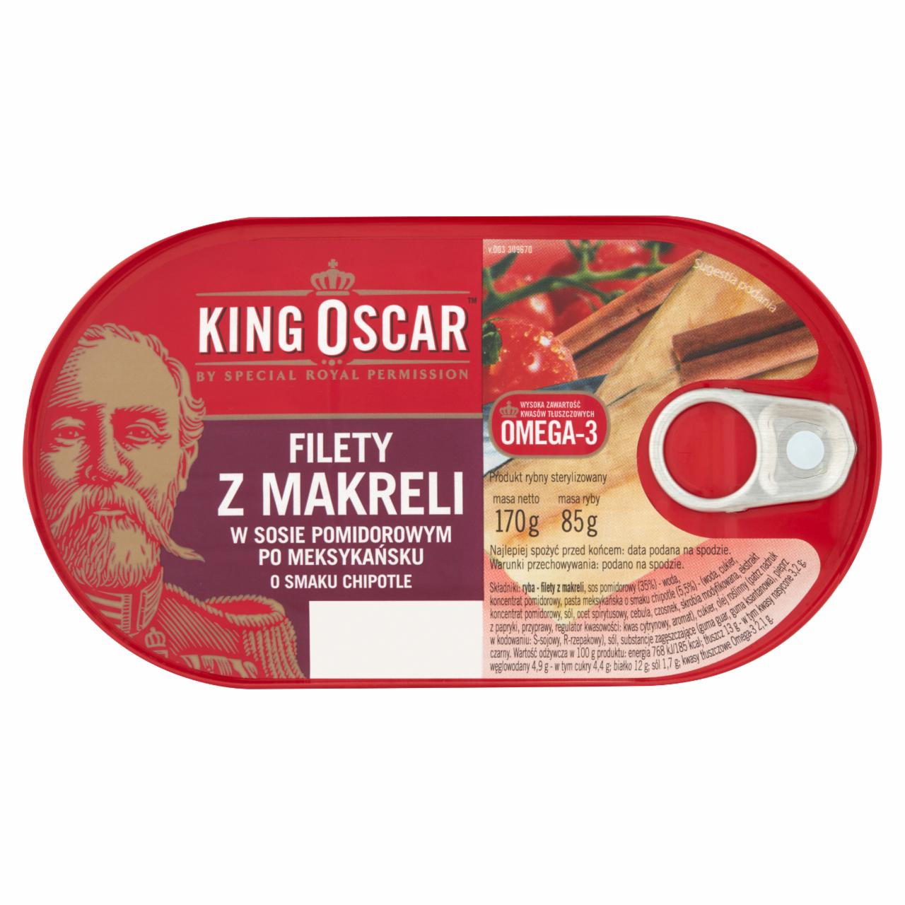 Zdjęcia - King Oscar Filety z makreli w sosie pomidorowym po meksykańsku o smaku chipotle 170 g