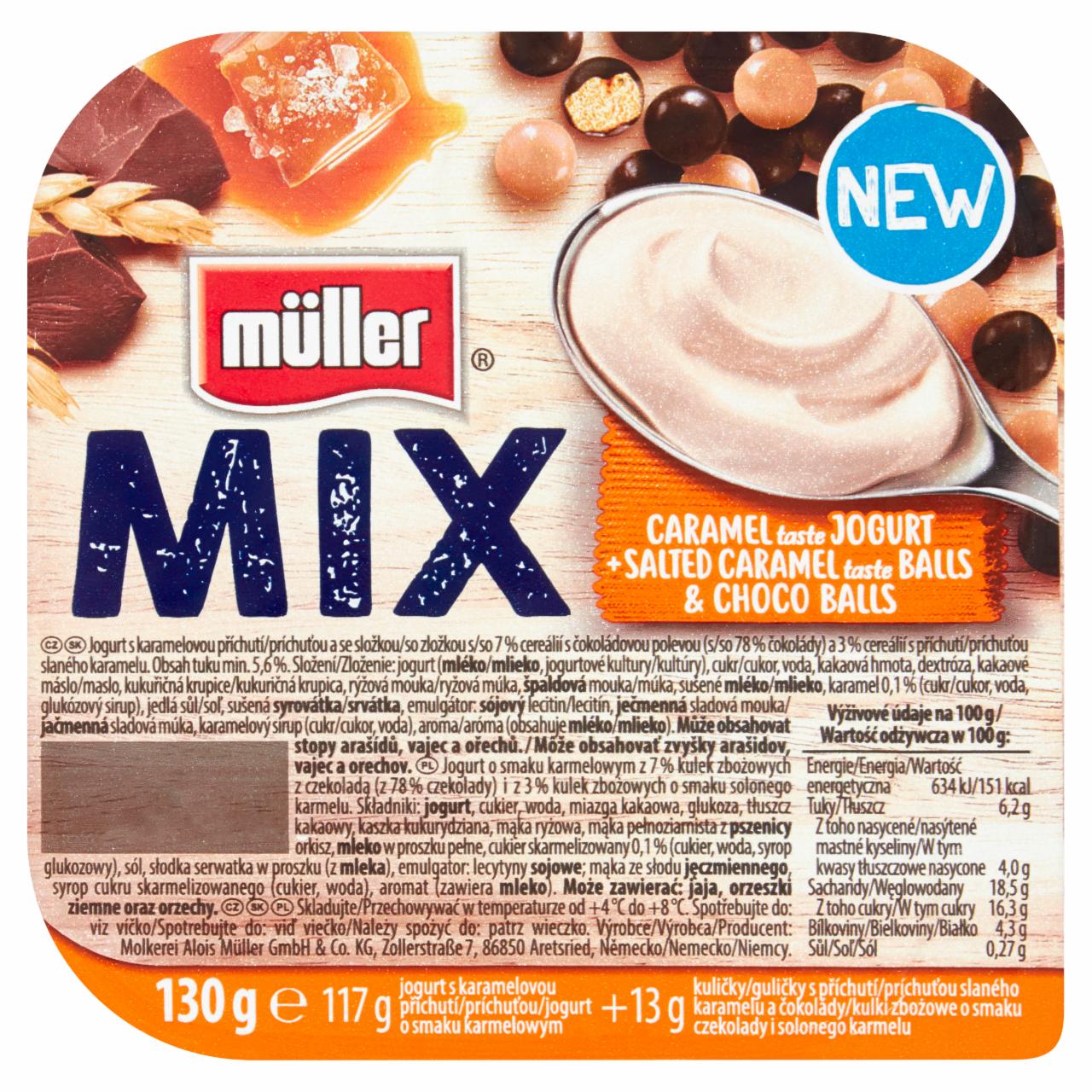 Zdjęcia - Müller Mix Jogurt o smaku karmelowym z kulkami z czekoladą i o smaku solonego karmelu 130 g