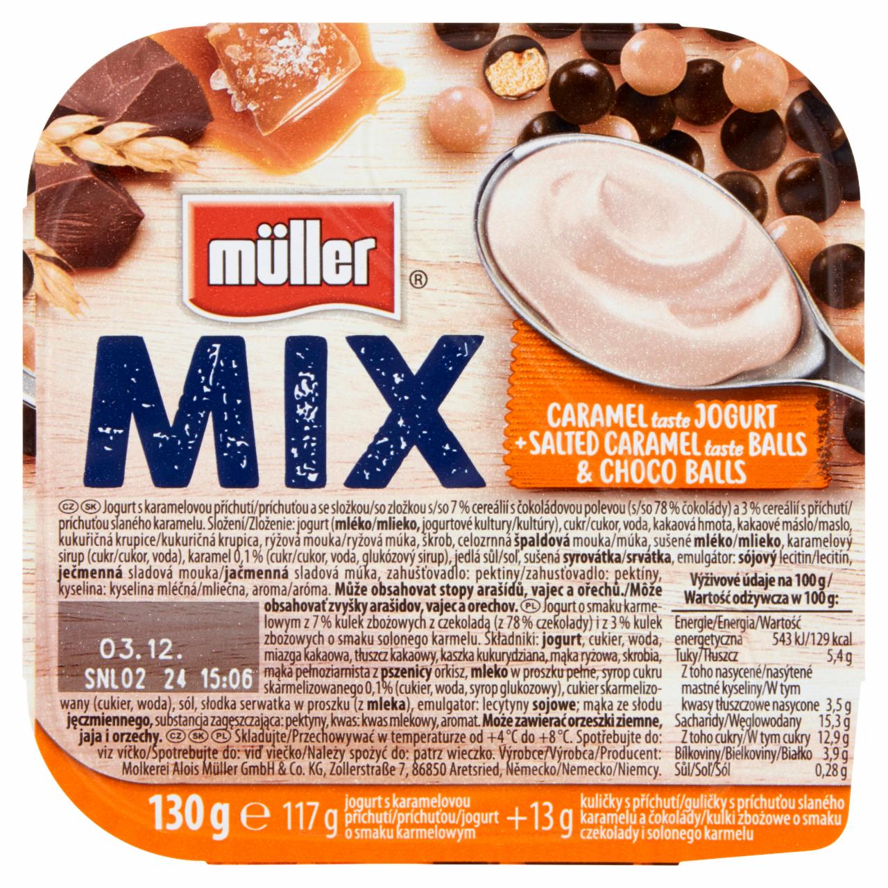 Zdjęcia - Müller Mix Jogurt o smaku karmelowym z kulkami z czekoladą i o smaku solonego karmelu 130 g