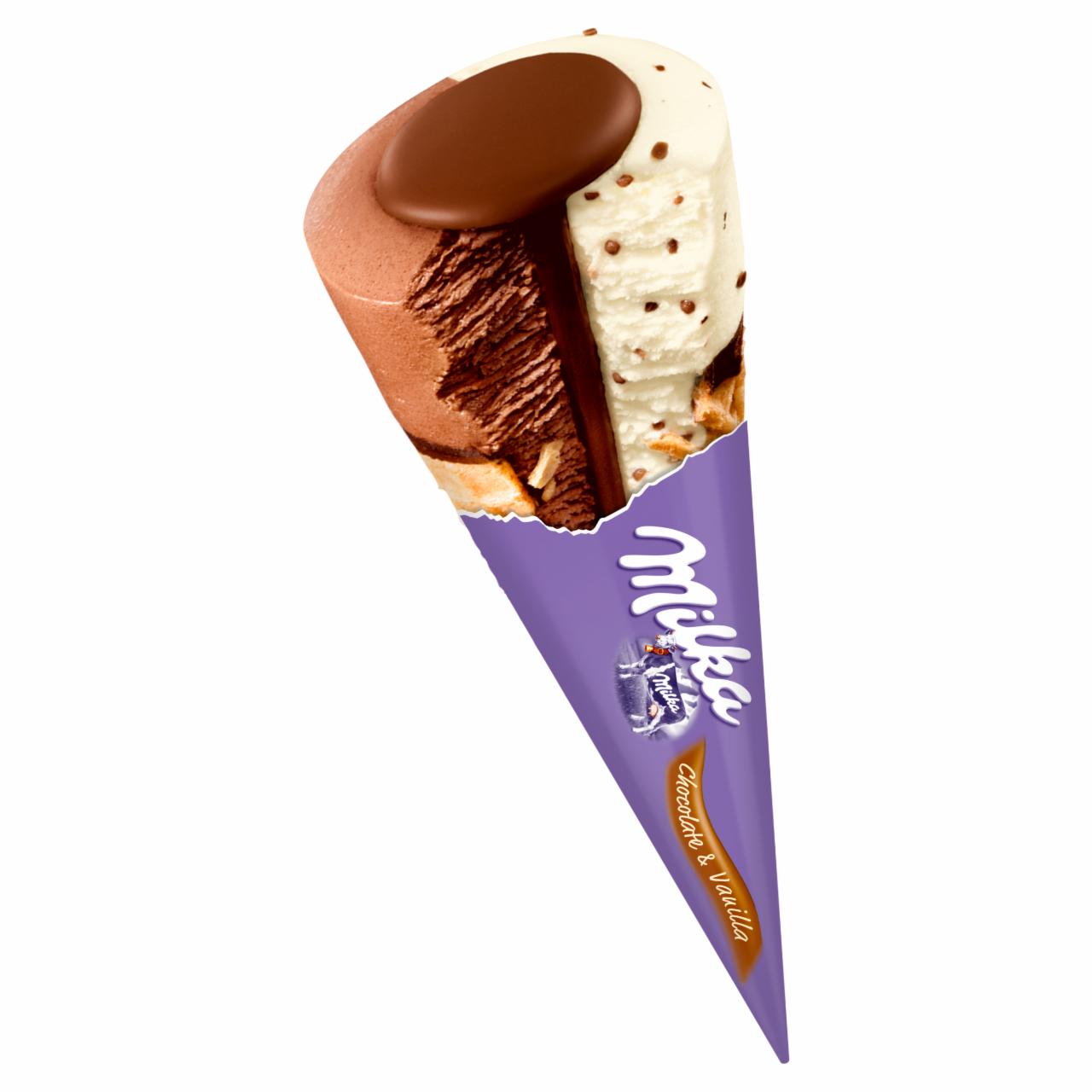 Zdjęcia - Milka Lody czekoladowe i lody waniliowe z kawałkami czekolady mlecznej w rożku waflowym 110 ml