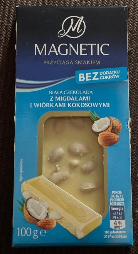 Zdjęcia - Biała czekolada z migdałami i wiórkami kokosowymi bez dodatku cukrów Magnetic