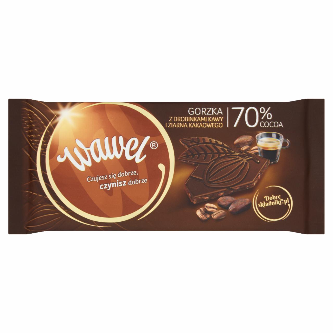 Zdjęcia - Wawel Czekolada gorzka 70% Cocoa z drobinkami kawy i ziarna kakaowego 100 g