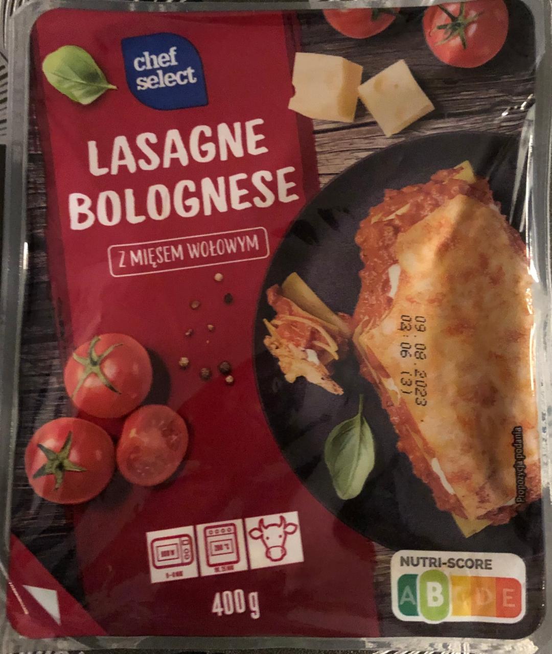 Lasagne bolognese z mięsem wołowym Chef Select - kalorie, kJ i wartości  odżywcze