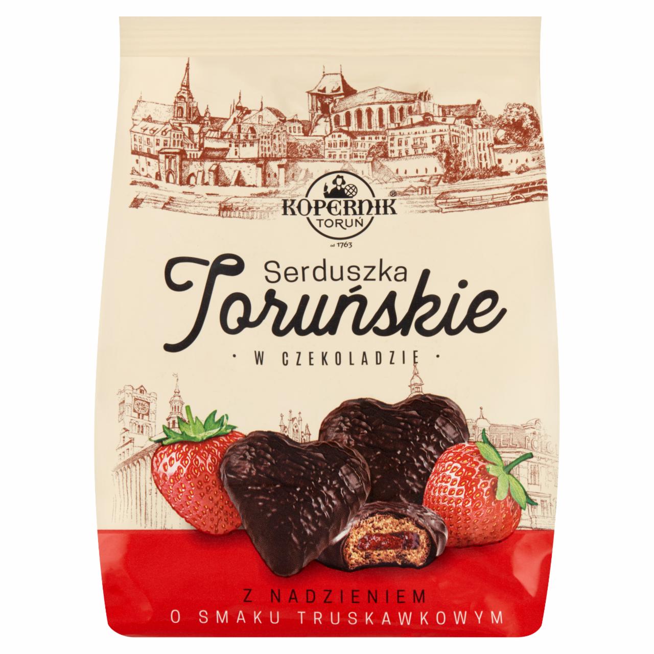 Zdjęcia - Kopernik Serduszka Toruńskie w czekoladzie z nadzieniem o smaku truskawkowym 150 g