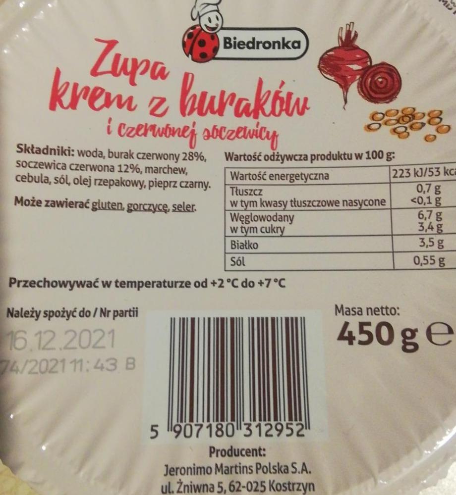 Zdjęcia - Zupa krem z buraków i czerwonej soczewicy Biedronka