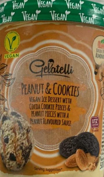 Zdjęcia - Gelatelli Peanut & Cookies vegan ice dessert with cocoa cookie pices & peanut pices with a pranut flavoured sauce 