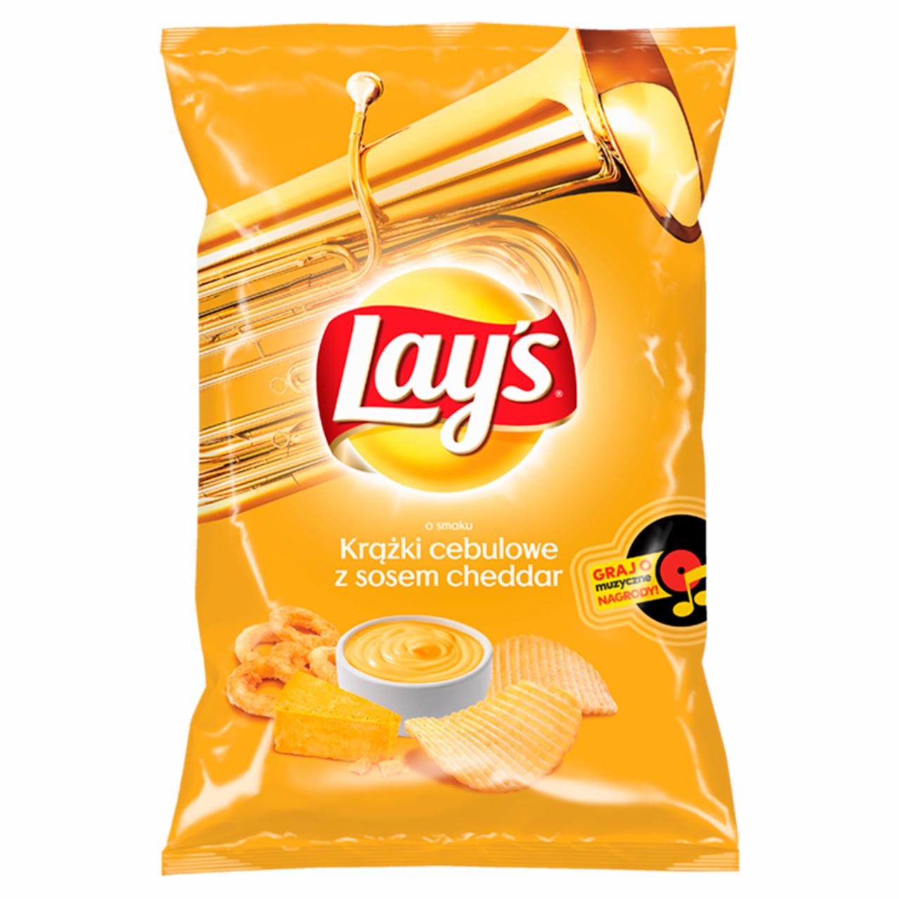 Zdjęcia - Lay's Chipsy ziemniaczane karbowane o smaku krążków cebulowych z sosem cheddar 130 g