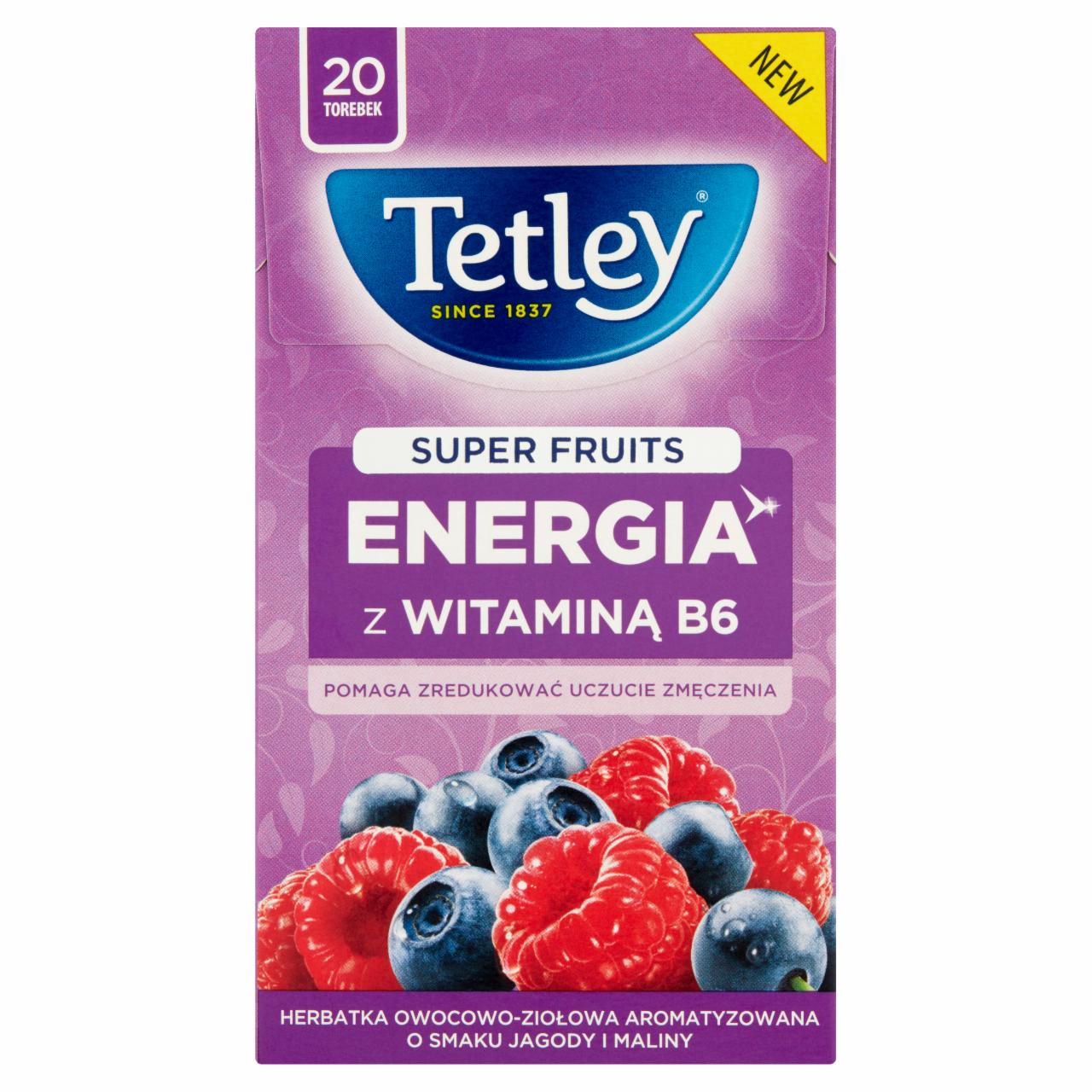 Zdjęcia - Tetley Super Fruits Energia Herbatka owocowo-ziołowa o smaku jagody i maliny 40 g (20 torebek)