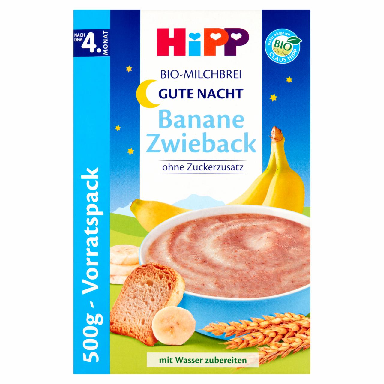 Zdjęcia - HiPP BIO Na Dobranoc Kaszka mleczno-zbożowa Banany z sucharkami po 4. miesiącu 500 g (2 sztuki)