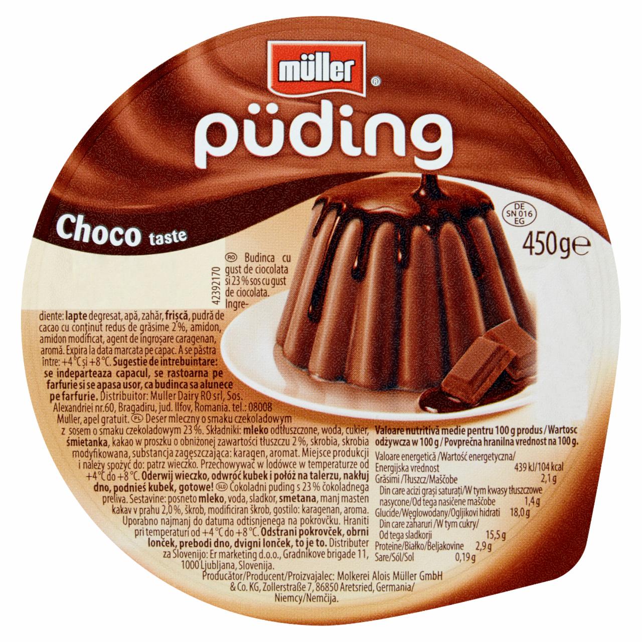 Zdjęcia - Müller Püding Deser mleczny o smaku czekoladowym z sosem o smaku czekoladowym 450 g