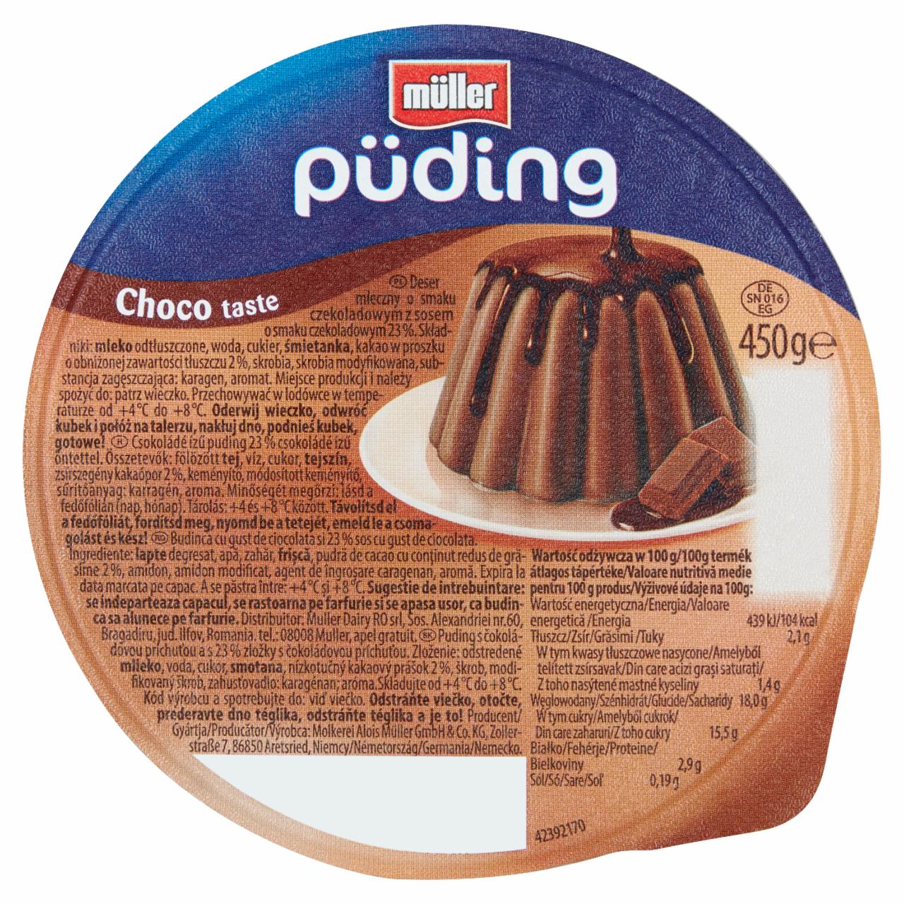 Zdjęcia - Müller Püding Deser mleczny o smaku czekoladowym z sosem o smaku czekoladowym 450 g