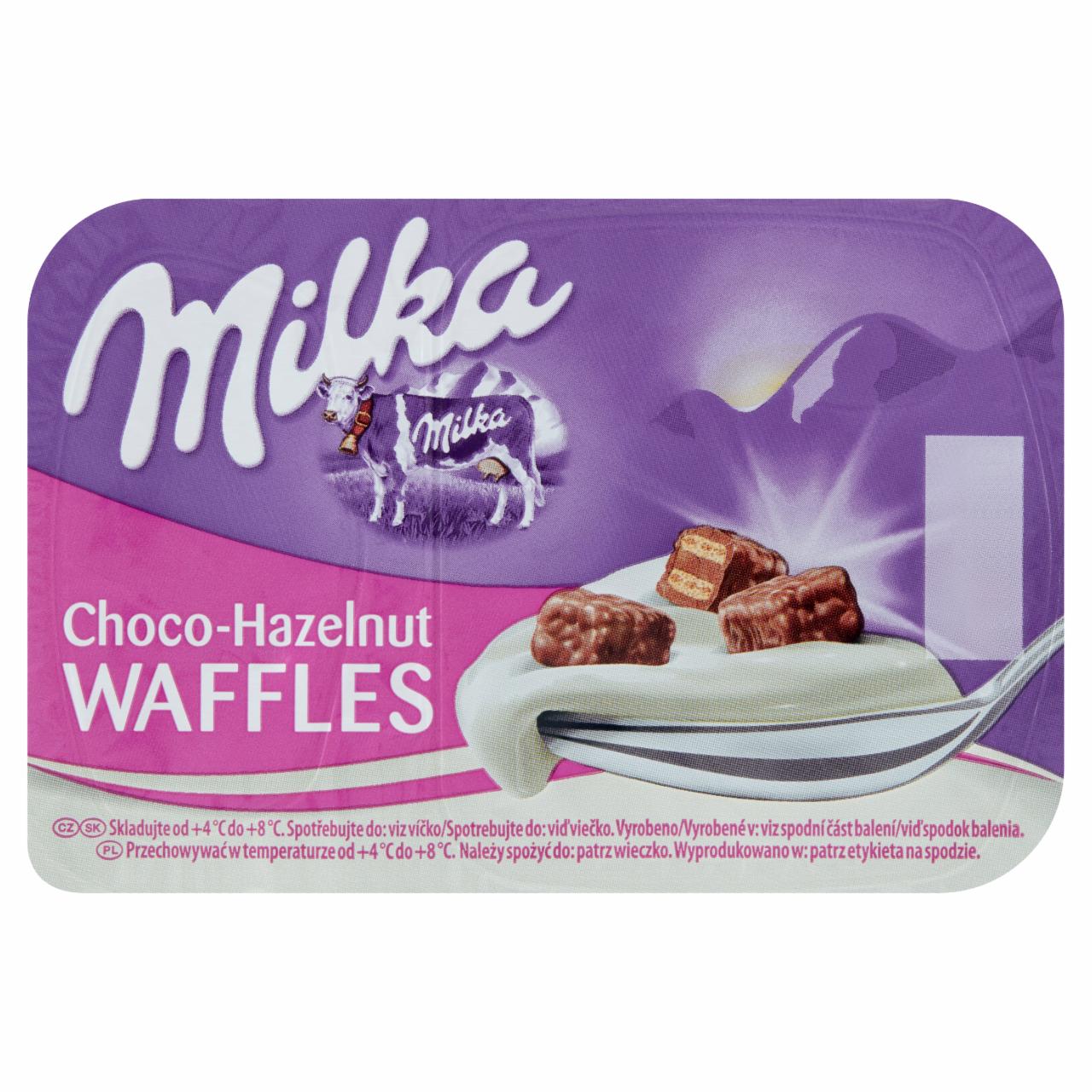 Zdjęcia - Milka Jogurt z wafelkami z kremem o smaku orzechów laskowych w czekoladzie mlecznej 120 g