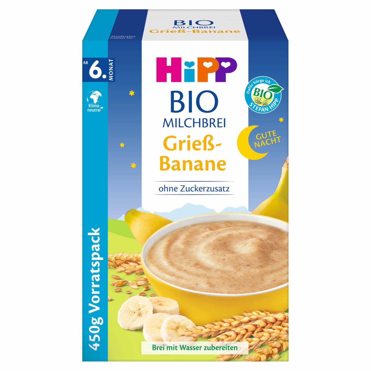 Zdjęcia - HiPP BIO Na Dobranoc Kaszka mleczno-zbożowa manna z bananami od 6. miesiąca 450 g (2 x 225 g)