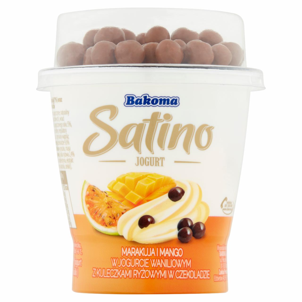 Zdjęcia - Bakoma Satino Jogurt kremowy waniliowy z mango i marakują z kulkami ryżowymi w czekoladzie 155 g