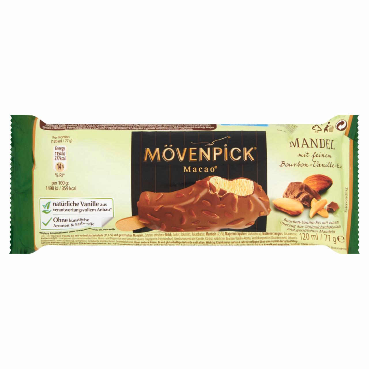 Zdjęcia - Mövenpick Macao Lody o smaku wanilii Bourbon w czekoladzie z kawałkami migdałów 120 ml