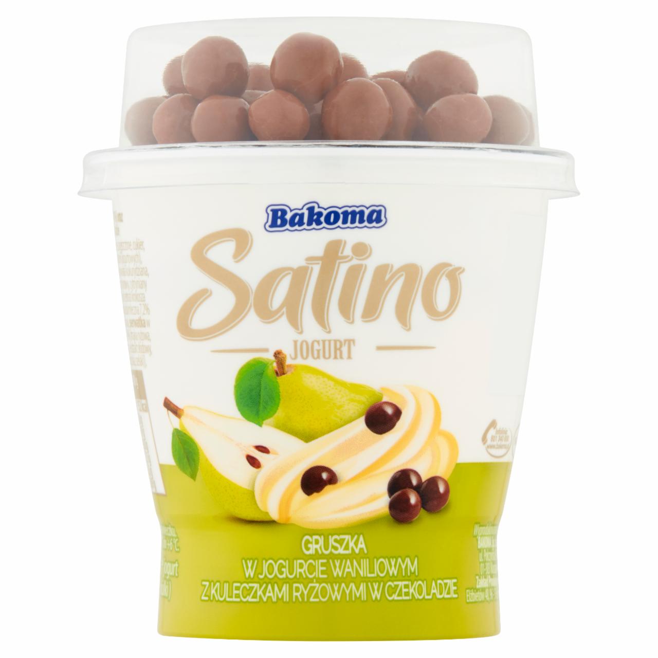 Zdjęcia - Bakoma Satino Jogurt kremowy waniliowy z gruszkami oraz z kulkami ryżowymi w czekoladzie 155 g