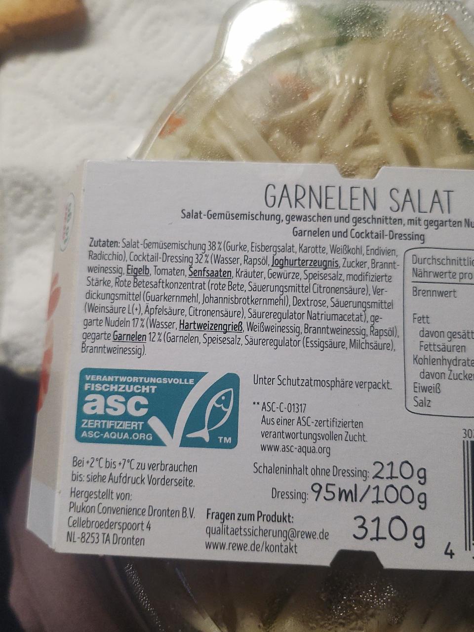 Garnelensalat mit Linguine &amp; Cocktail-Dressing Rewe to go - kalorie, kJ ...
