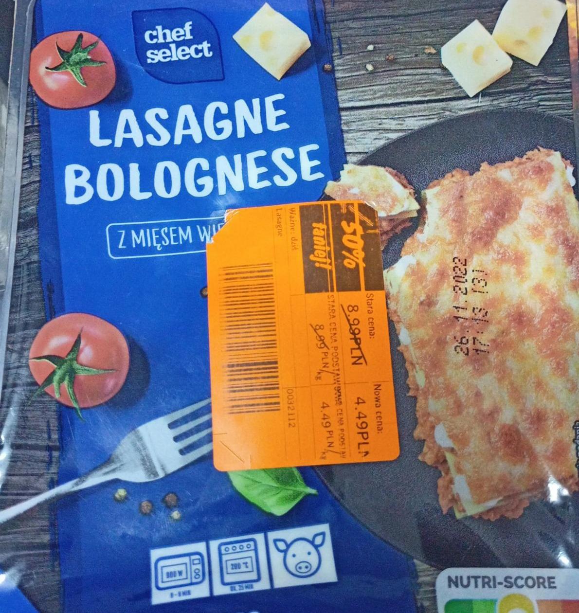 kJ Select mięsem - wieprzowym odżywcze i z bolognese kalorie, Chef Lasagne wartości