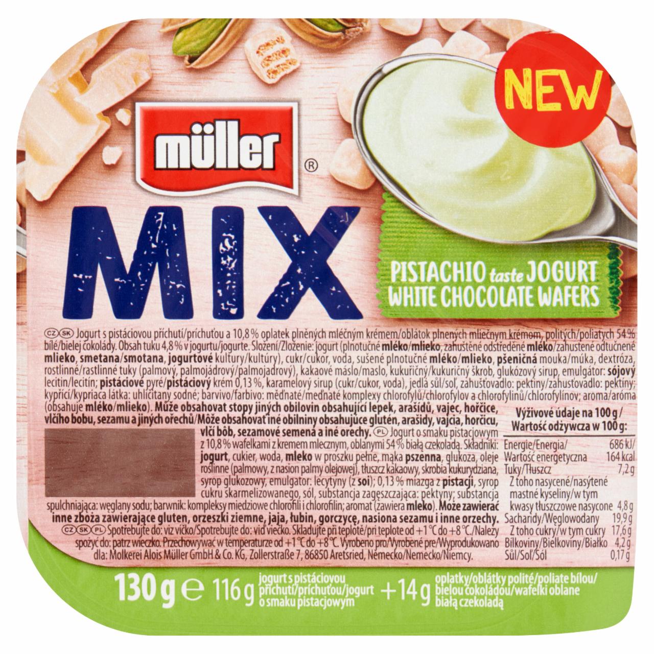 Zdjęcia - Müller Mix Jogurt o smaku pistacjowym z wafelkami z kremem mlecznym oblanymi białą czekoladą 130 g