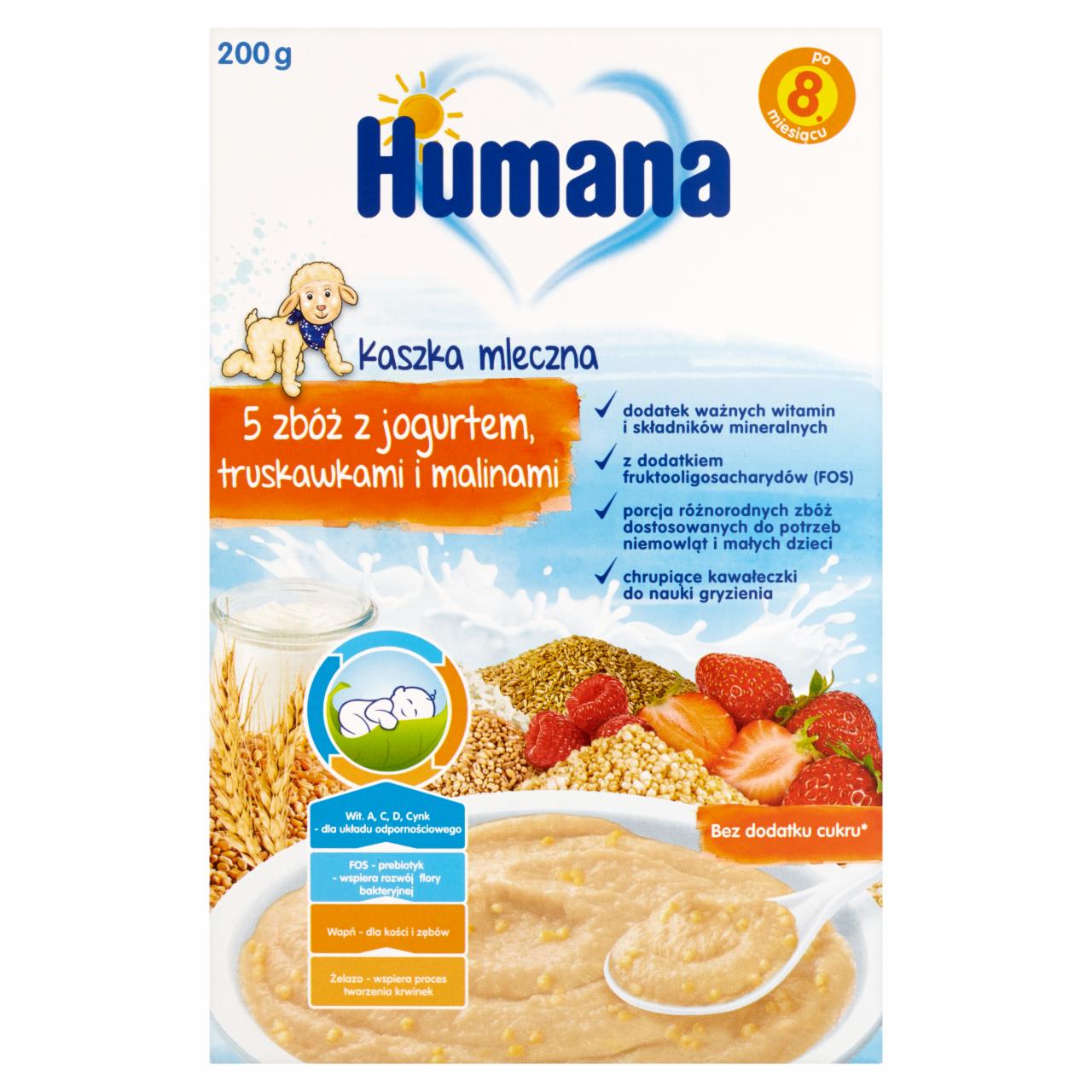 Zdjęcia - Humana Kaszka mleczna 5 zbóż z jogurtem truskawkami i malinami po 8. miesiącu 200 g