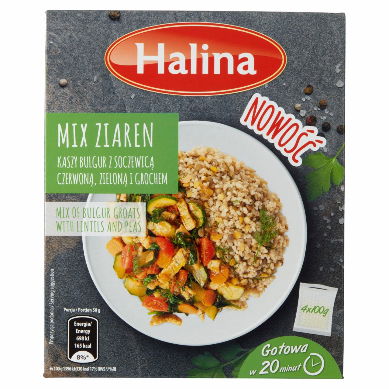 Zdjęcia - Halina Mix ziaren kaszy bulgur z soczewicą czerwoną zieloną i grochem 400 g (4 x 100 g)