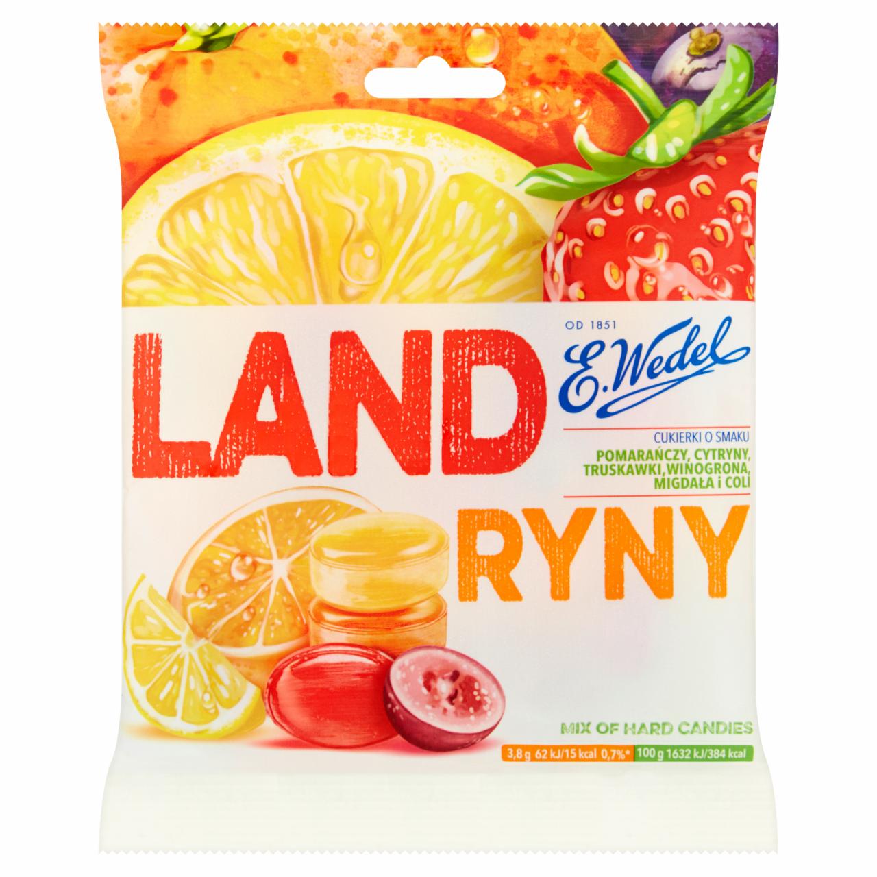 Zdjęcia - Landryny Cukierki o smaku pomarańczy cytryny truskawki winogrona migdała i coli 90 g E. Wedel